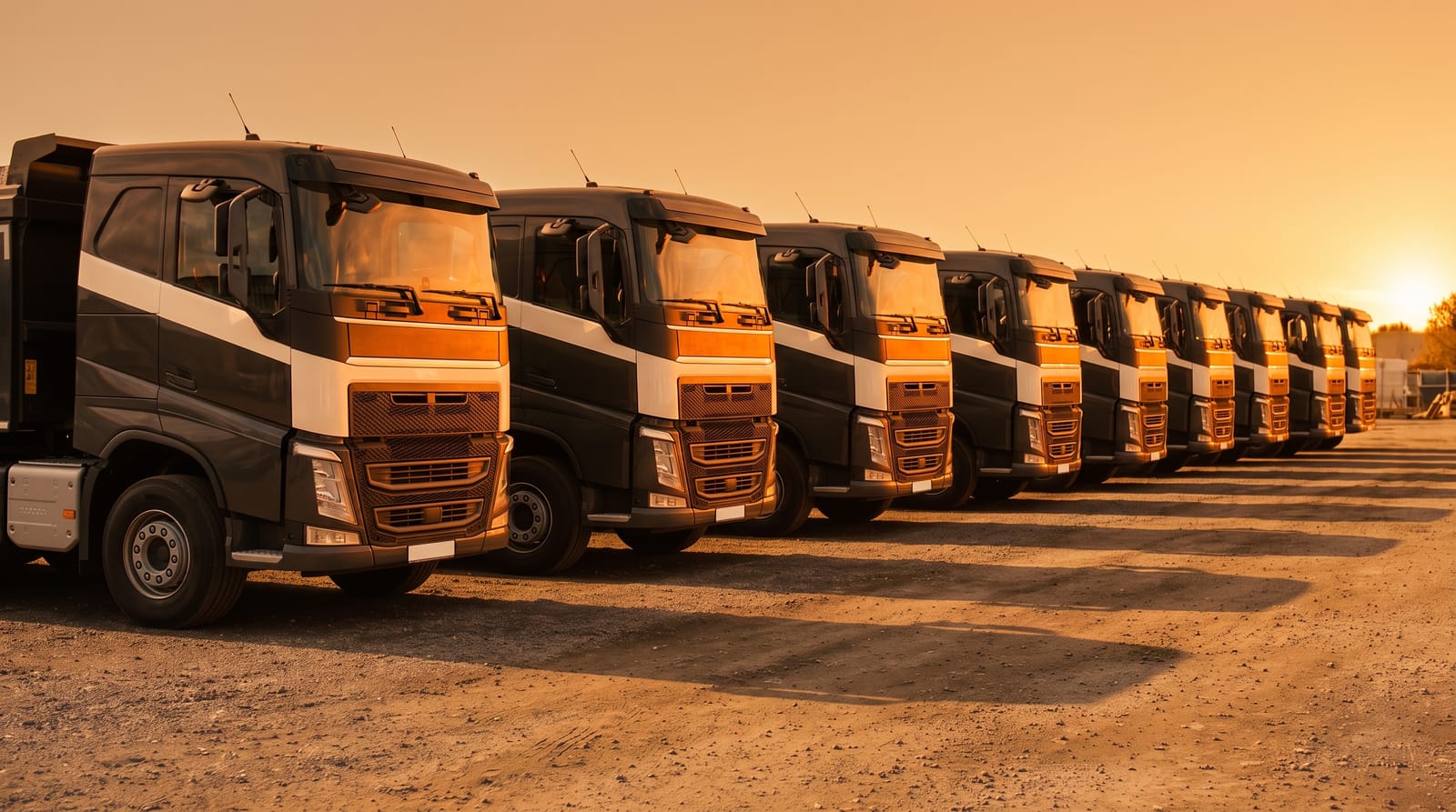 Shamas Transport trucks lined up at the company depot in Sharjah at golden hour