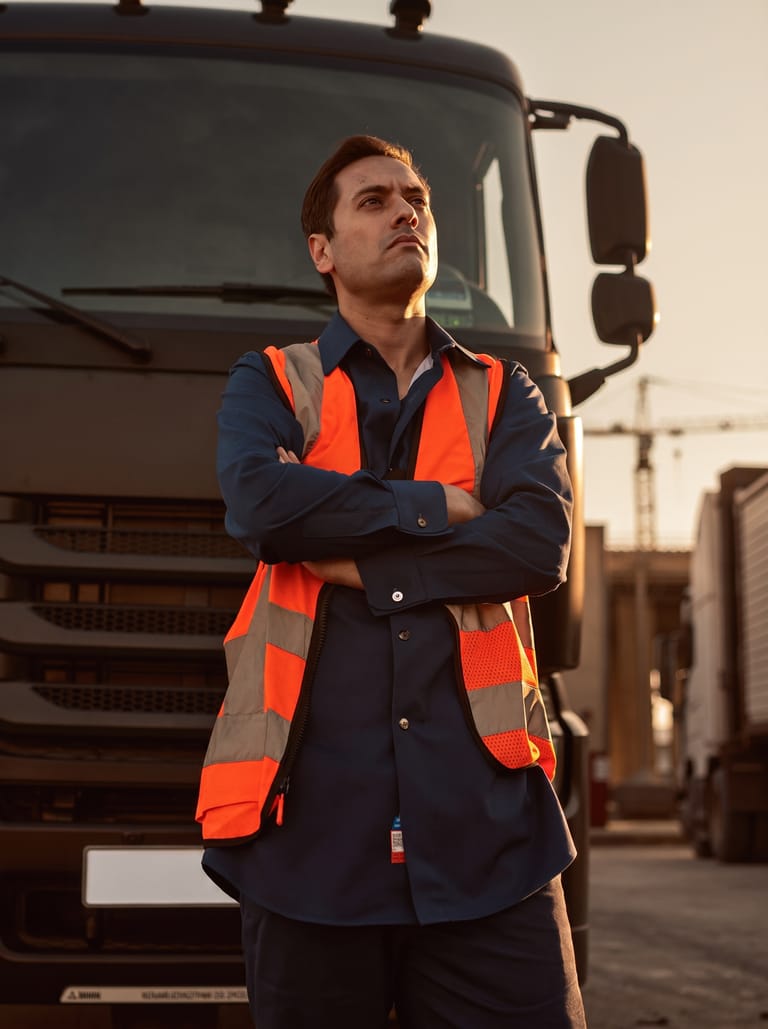 Experienced Shamas Transport driver standing beside his truck at the Sharjah depot