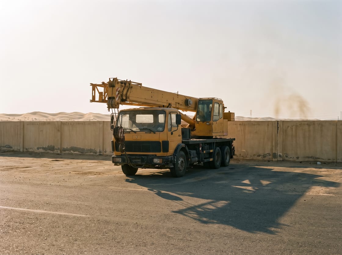 Yellow mobile telescopic crane truck with boom stowed, parked in a depot yard