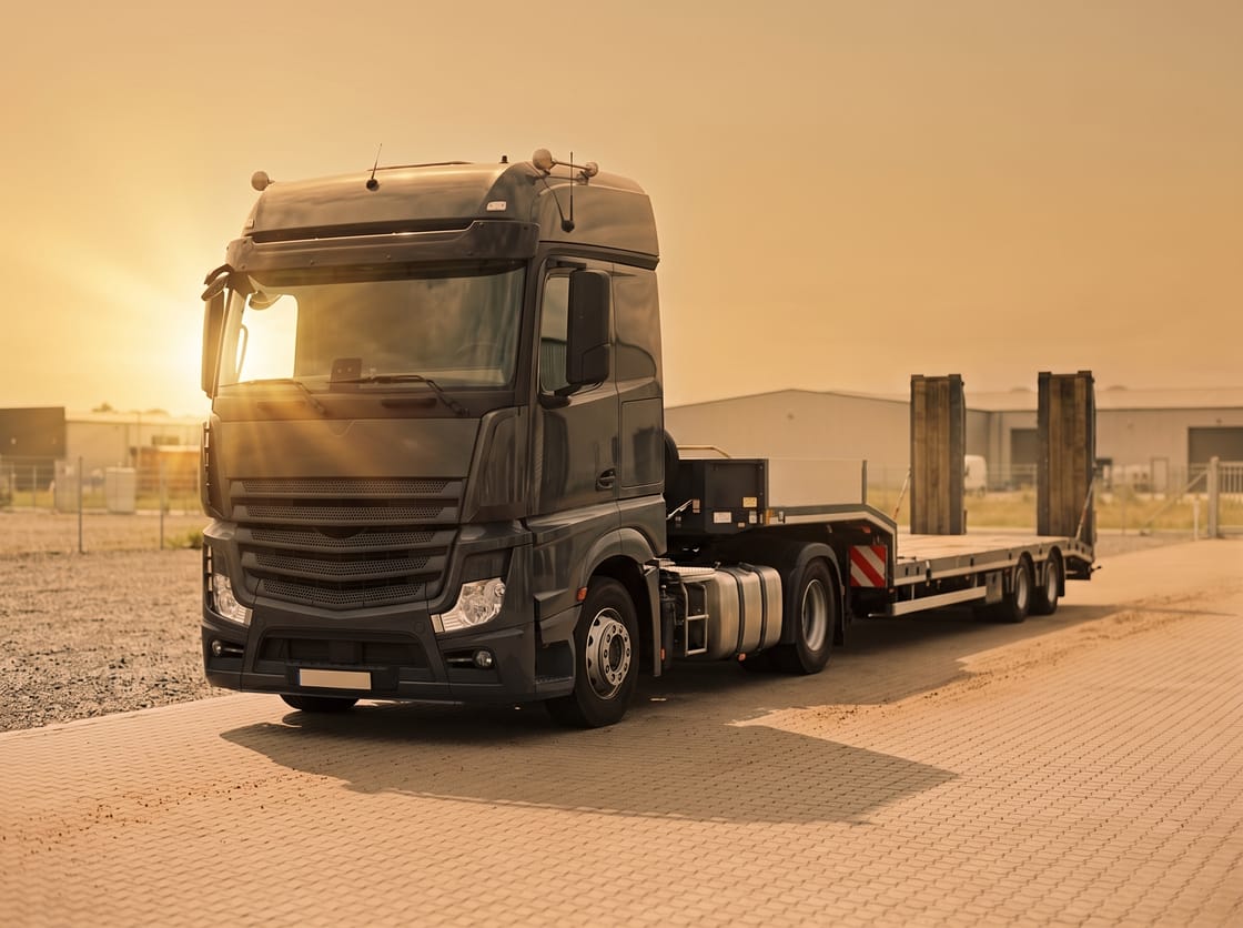 Heavy lowbed trailer with rear ramps coupled to a charcoal tractor unit in a depot yard
