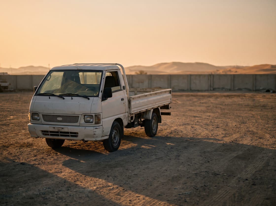 White drop-side utility pickup parked in a Sharjah depot yard at golden hour