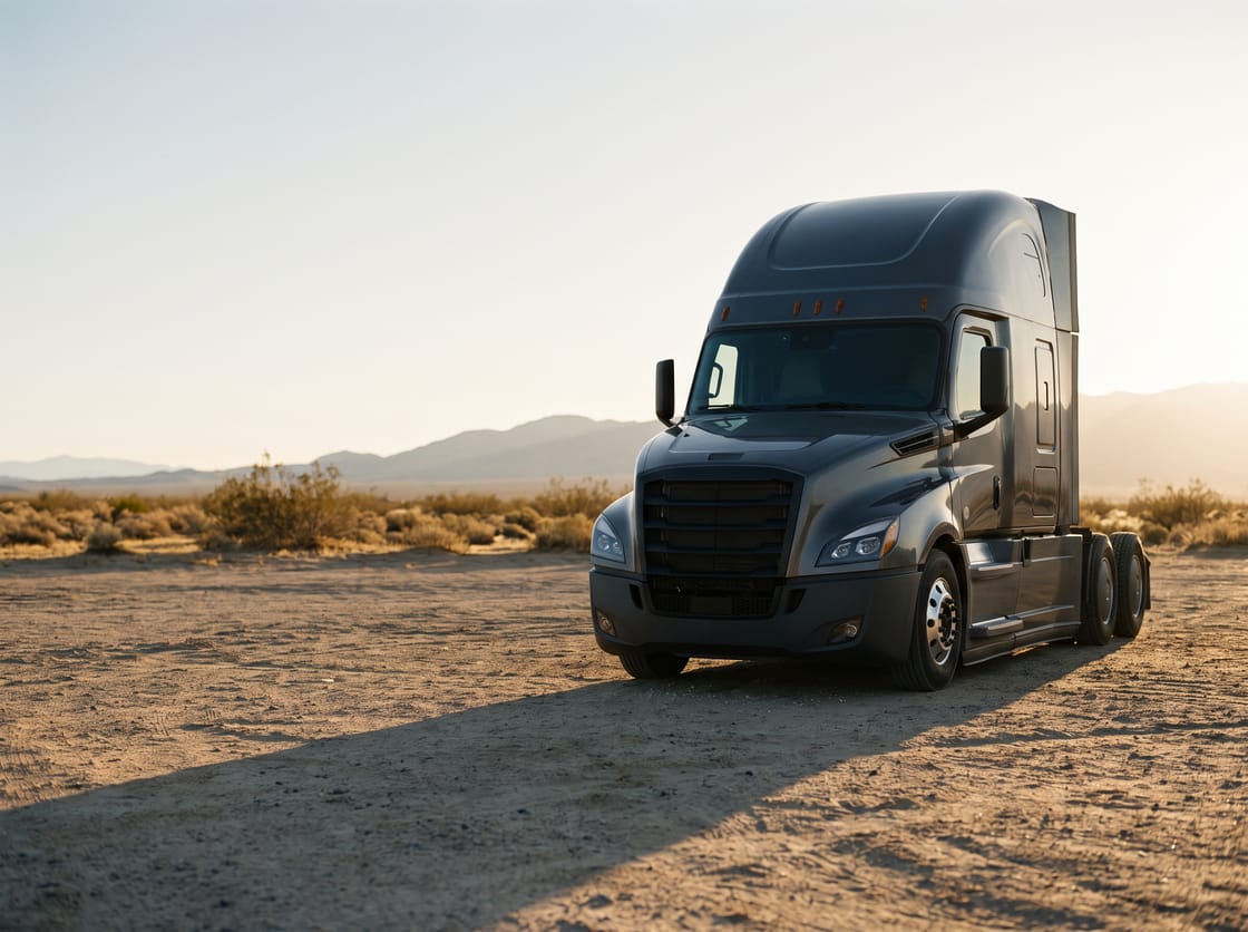 Dark charcoal heavy tractor unit parked in a Sharjah depot yard at golden hour