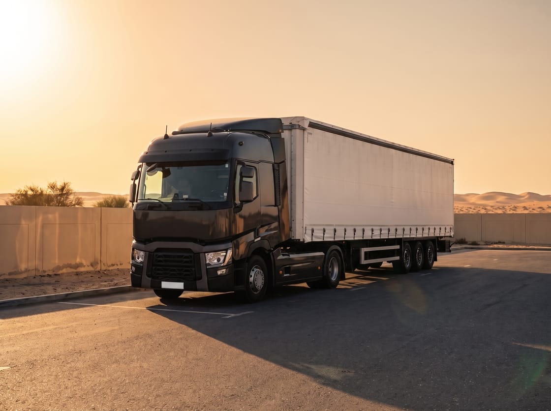 White curtain-side trailer coupled to a tractor unit in a Sharjah depot yard