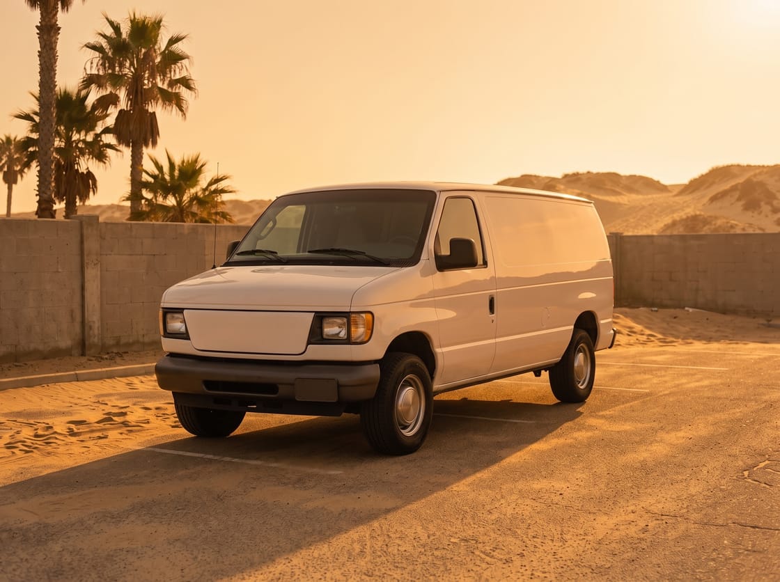 White cargo panel van parked in a depot yard at golden hour