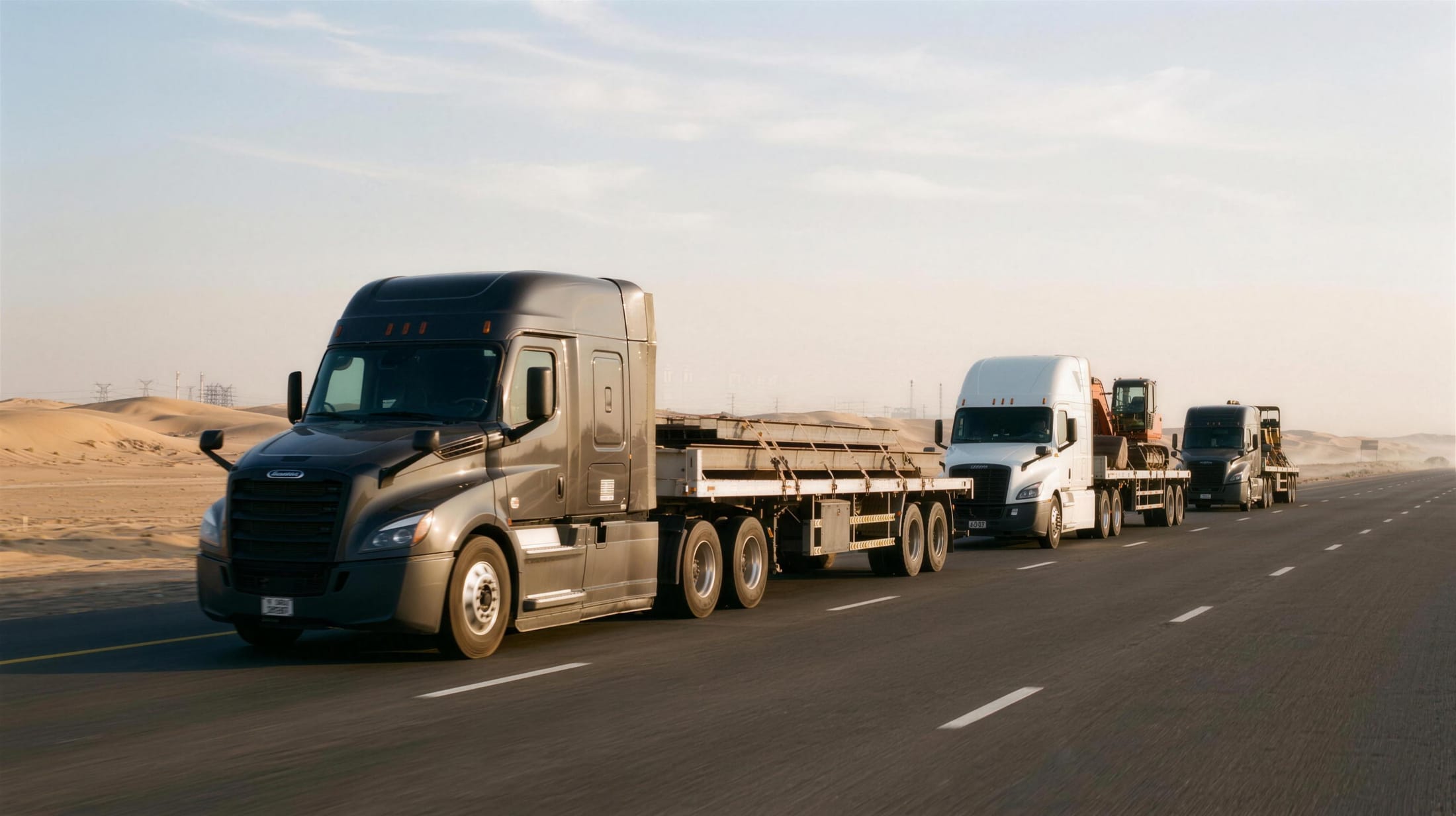 Shamas Transport convoy of heavy trucks hauling steel and machinery along a UAE desert highway at golden hour