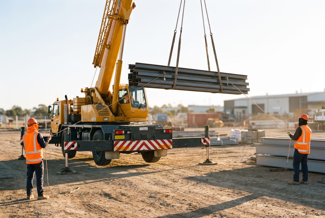 Mobile telescopic crane lifting a bundle of steel beams at a UAE construction site at golden hour