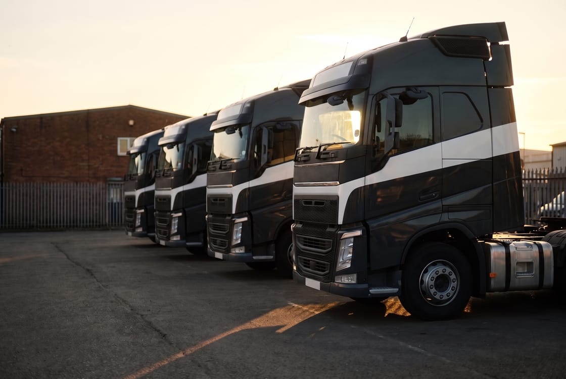 Row of matching heavy trucks parked in a Sharjah depot yard at golden hour