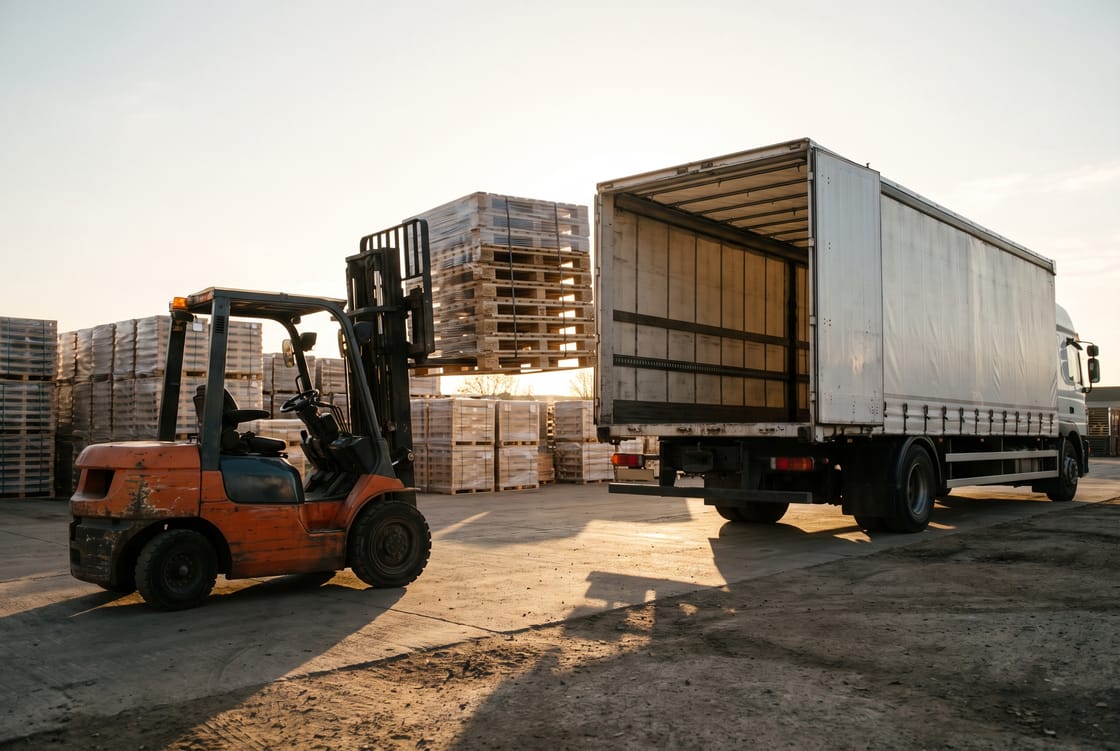 Forklift loading strapped pallets onto a curtain-side truck at a loading bay in a Sharjah logistics yard at golden hour