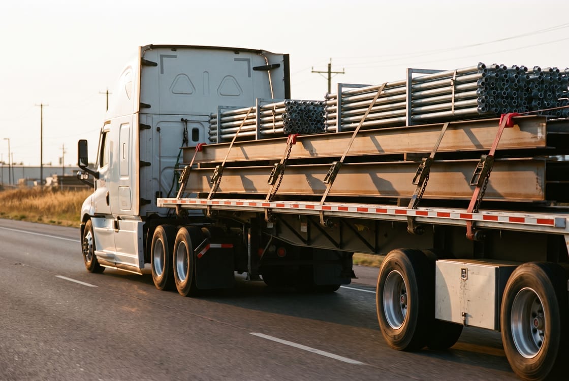 Flatbed trailer loaded with strapped steel beams and scaffolding tubes travelling on a UAE desert highway