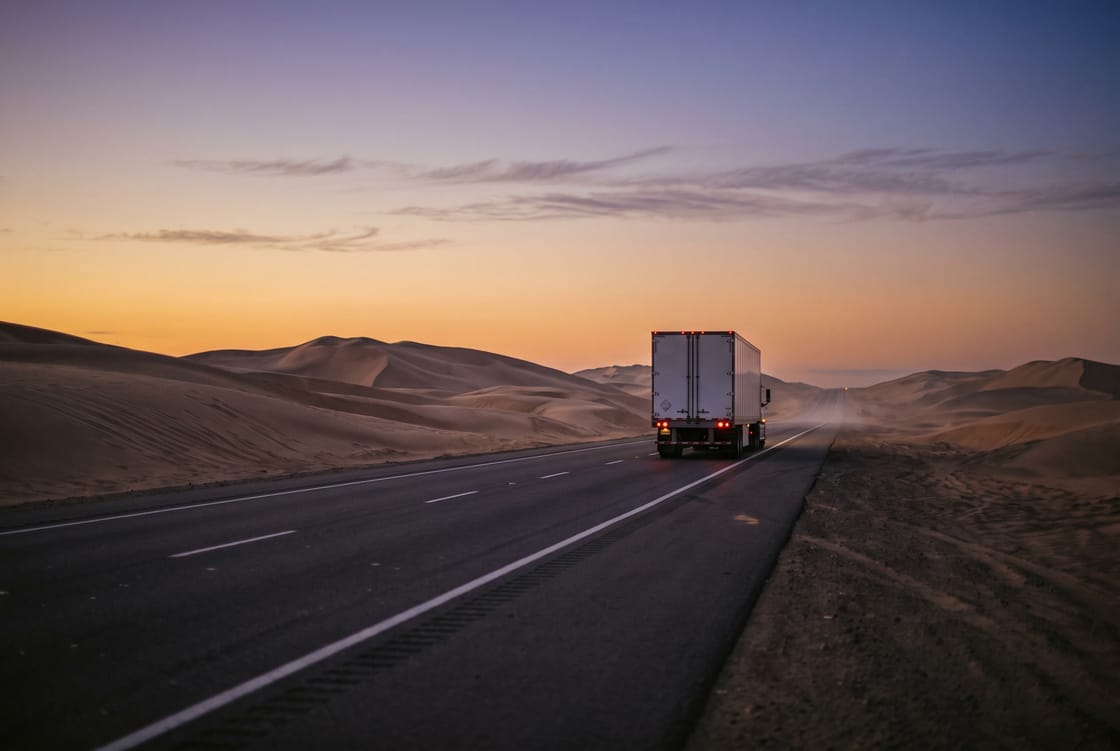 Heavy truck with box trailer driving into the dusk on a long straight desert highway toward the GCC border