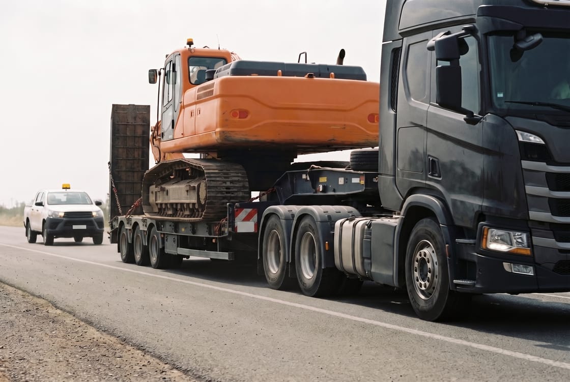 Lowbed trailer hauling a large tracked excavator along a UAE desert highway with an escort pickup behind