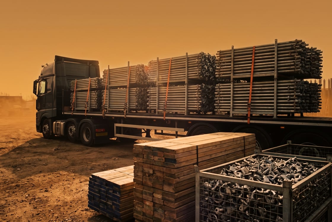Workers in hi-vis loading galvanized scaffolding tubes onto a flatbed trailer in a Sharjah industrial yard